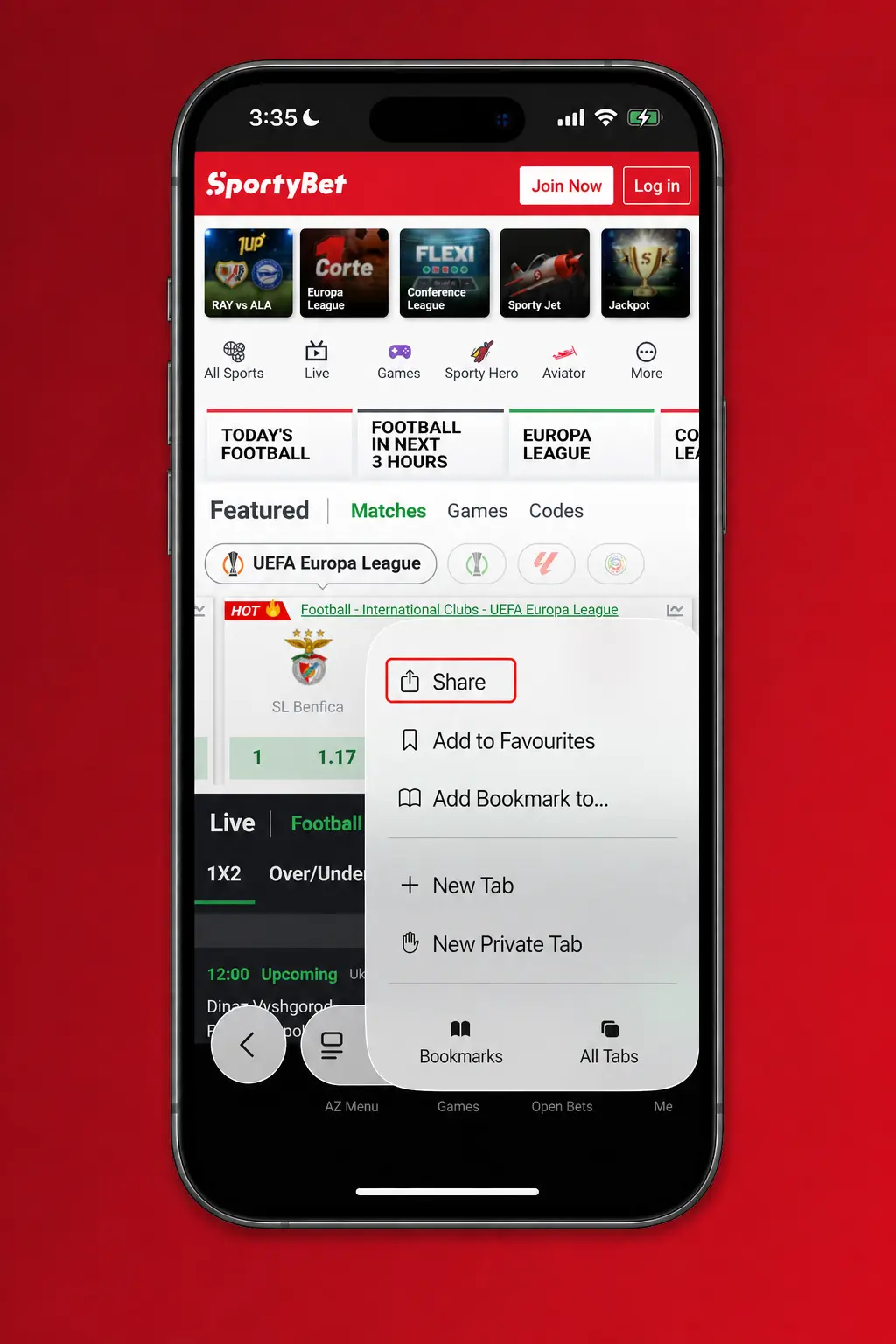 Steps to add SportyBet app to iPhone or iPad home screen via Safari's Share menu and Add to Home Screen option.