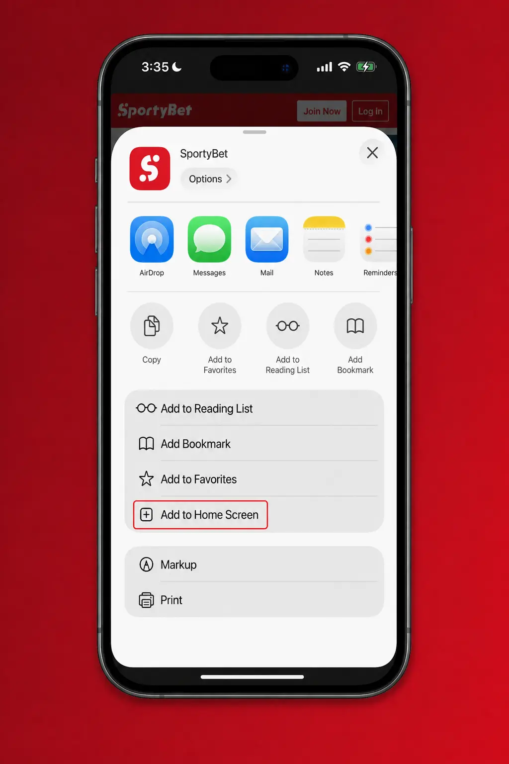 Step-by-step guide showing how to add the SportyBet app shortcut to an iPhone or iPad home screen via Safari.