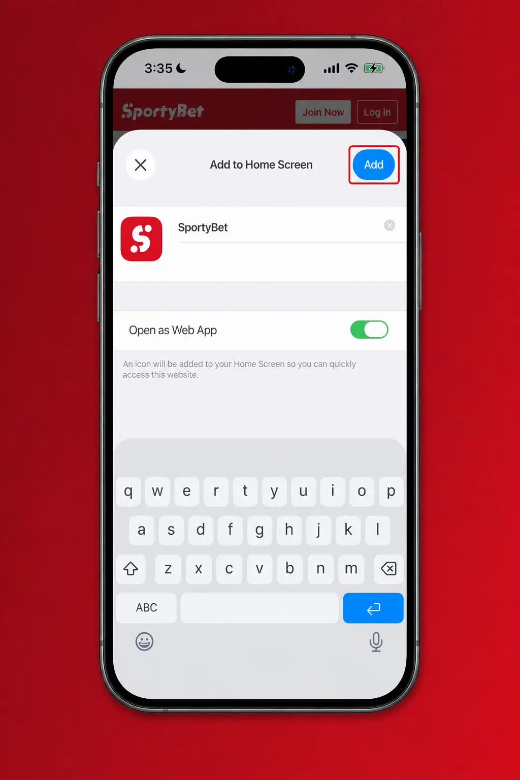 Step-by-step guide showing how to add the SportyBet app to an iPhone or iPad home screen via Safari.