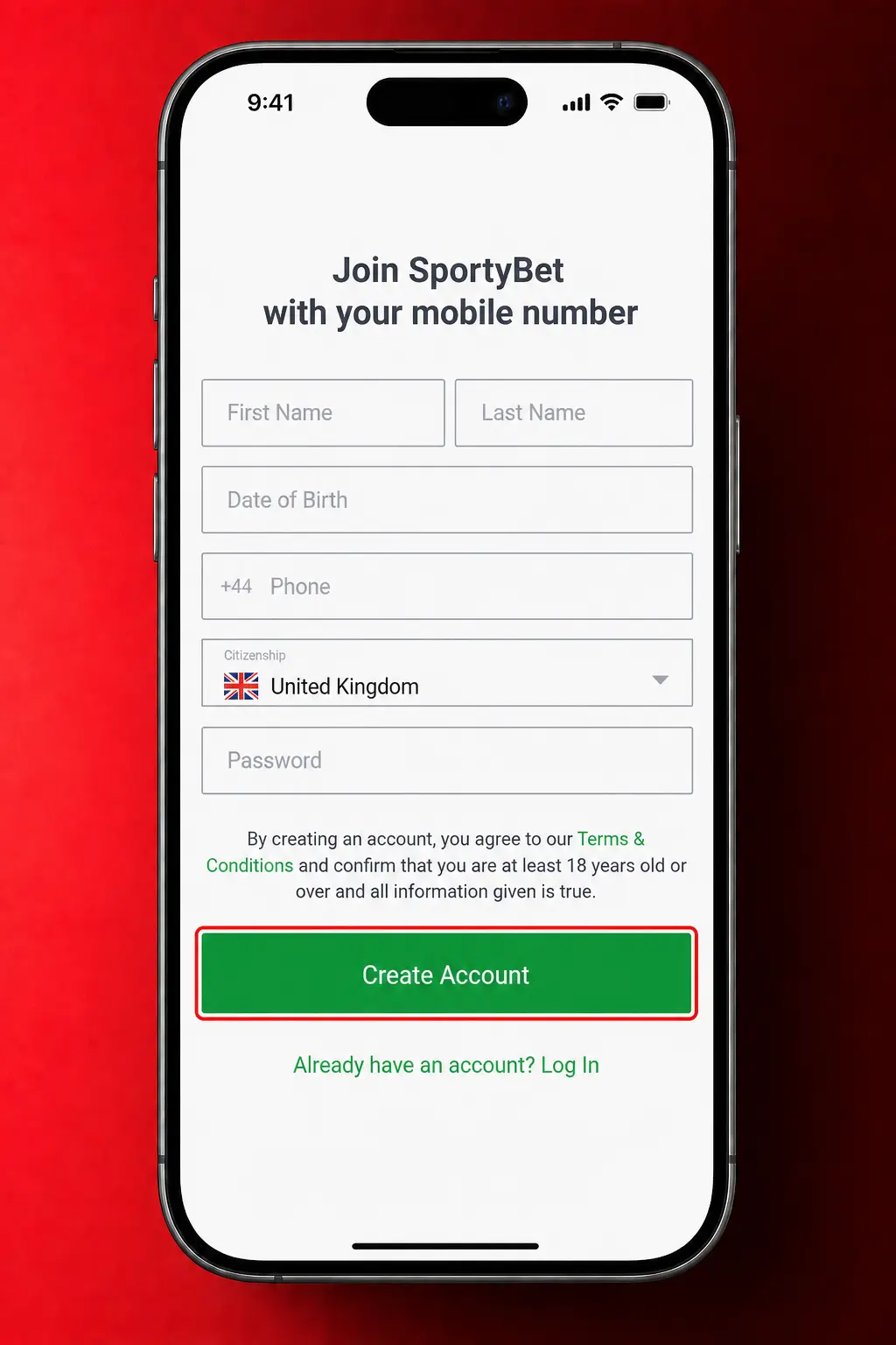 Screenshot showing the SportyBet registration form with mobile number, password, and date of birth fields