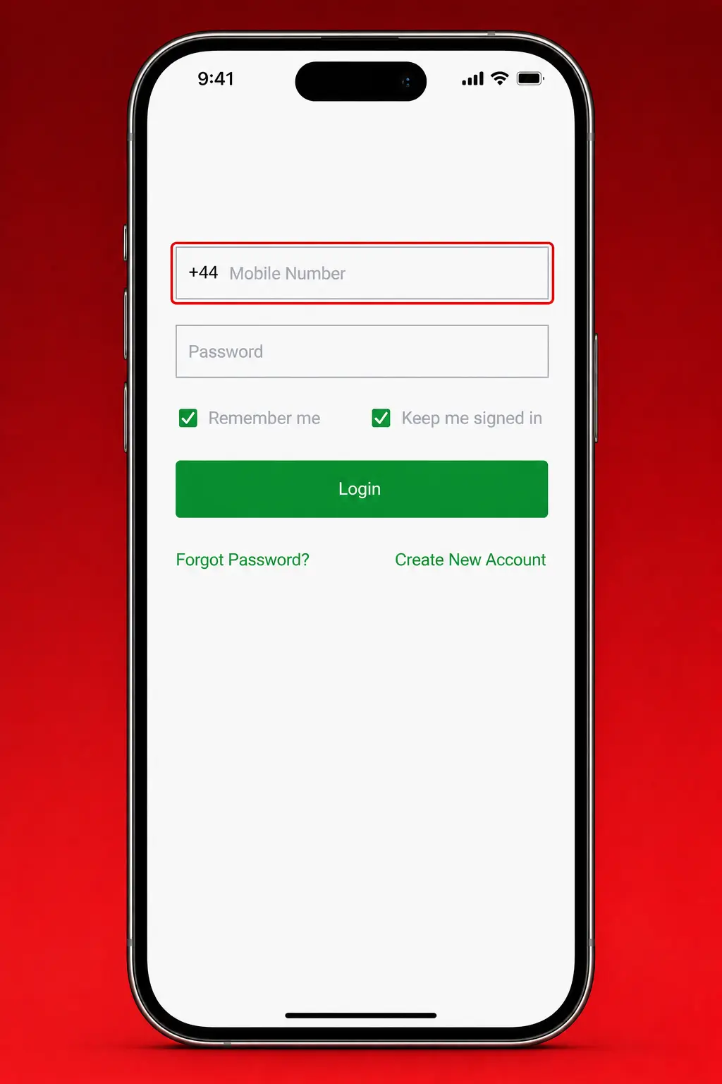 SportyBet login screen showing mobile number or email and password fields for account access.